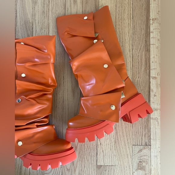 Sexy Tag Womens Orange Platform Slouchy Fold Over Boots Block Heel 6 - Picture 9 of 11